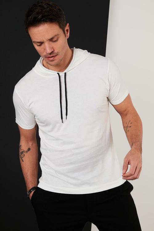 % 100 Pamuklu Kapüşonlu Slim Fit Erkek T Shirt 5412021 EKRU