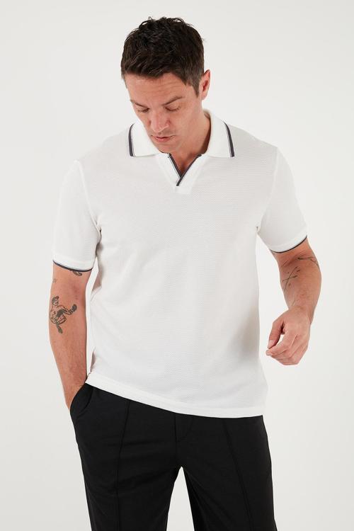 Streç Pamuklu Regular Fit Şerit Detaylı Erkek Polo Yaka T Shirt 5902768 EKRU