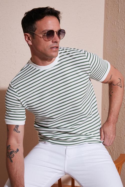 Pamuklu Çizgili Regular Fit Bisiklet Yaka Erkek T Shirt 5903005 ELMA YEŞİLİ