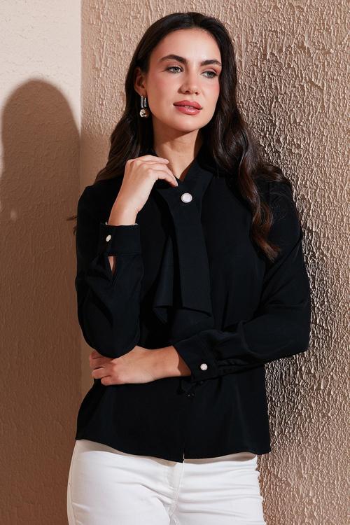 Standart Fit Taşlı Düğmeli Fularlı Yaka Uzun Kollu Bayan Gömlek 611GO00333 SİYAH