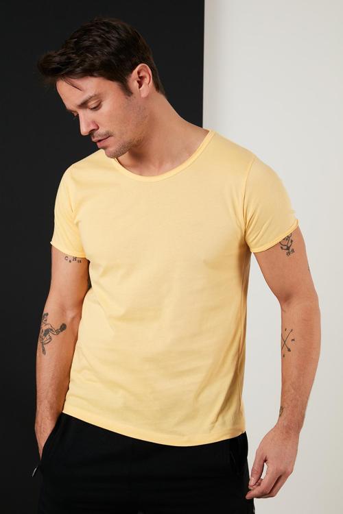 % 100 Pamuklu Bisiklet Yaka Basic Erkek T Shirt 5412008 SARI