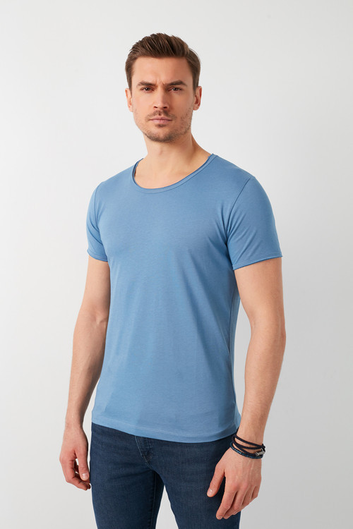 % 100 Pamuklu Bisiklet Yaka Basic Erkek T Shirt 5412008 İNDİGO