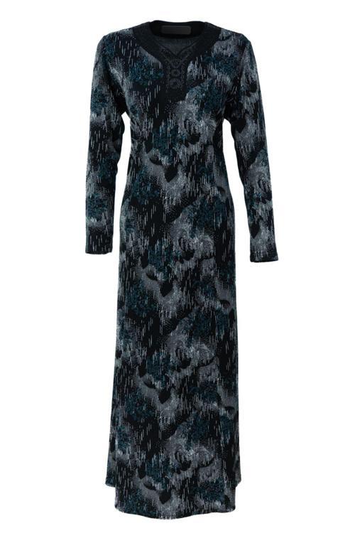 Kadın Anne Boydan Elbise Viskon Kumaş Taşlı ve Simli V Yaka Saraylı Model Rahat Tam Kalıp