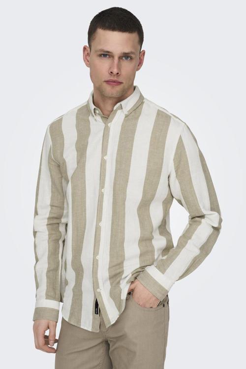 Onsarlo Pamuk ve Keten Karışımlı Slim Fit Erkek Gömlek 22028040 BEJ-BEYAZ