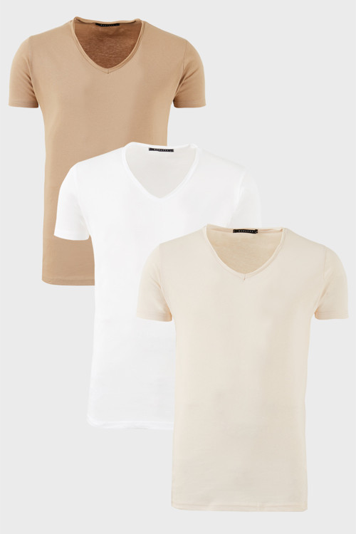 Pamuklu Slim Fit Bisiklet Yaka Baskılı 3'lü Paket Erkek T Shirt 541S31 Beyaz-Bej-Vizon