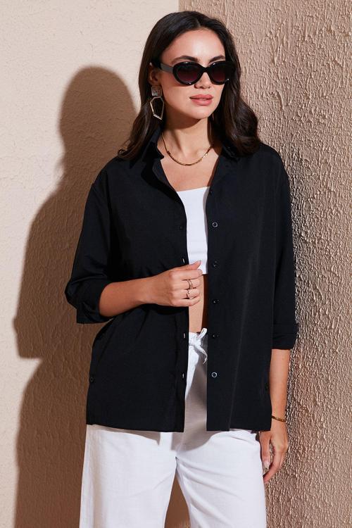 Pamuklu Regular Fit İliklenebilen Yırtmaç Detaylı Bayan Gömlek 6772920 SİYAH