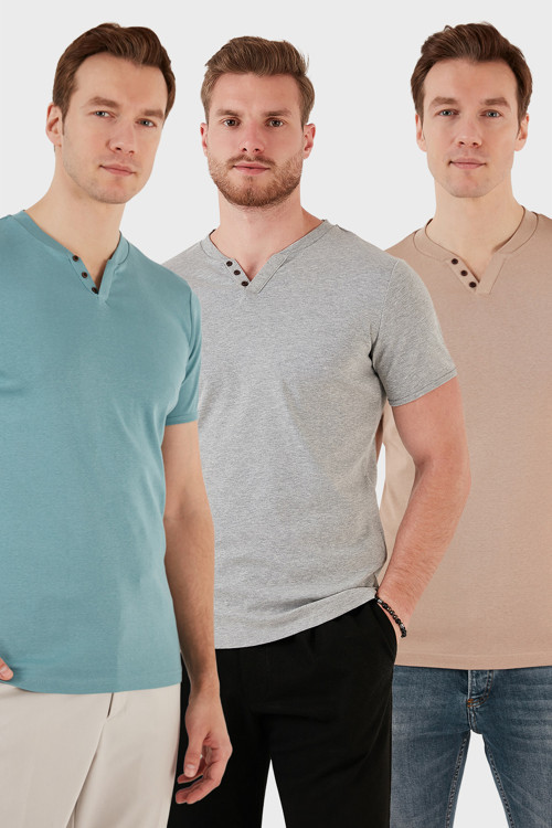 Pamuklu Düğme Detaylı Slim Fit V Yaka 3'lü Paket Erkek T Shirt 5902122S3 Açık Mavi-Gri Melanj-Taş