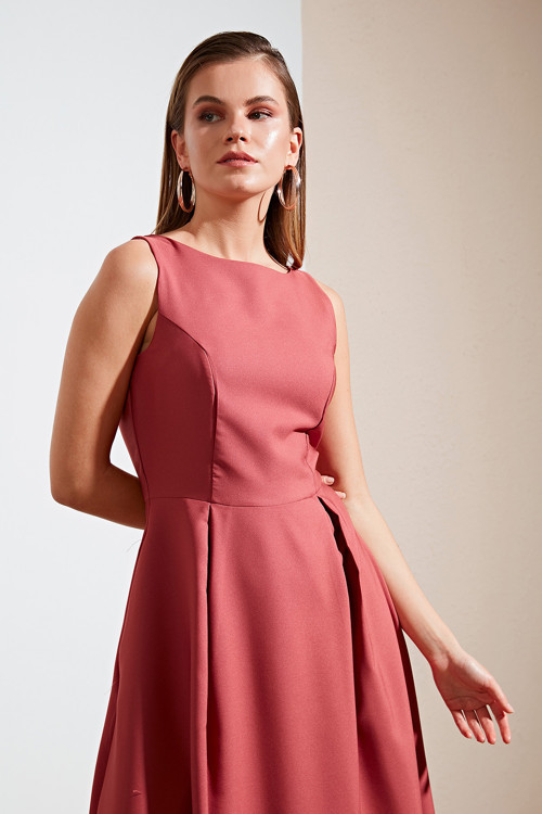 Bisiklet Yaka Regular Fit Cepli Pileli Midi Bayan Elbise 6051963 GÜL KURUSU
