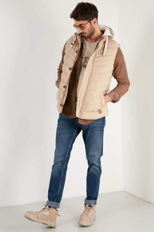 Kapüşonlu Slim Fit Erkek Yelek 556B5618 VİZON