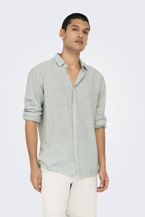 Onscaiden Çizgili Pamuk ve Keten Karışımlı Slim Fit Erkek Gömlek 22026601 Krem-Yeşil