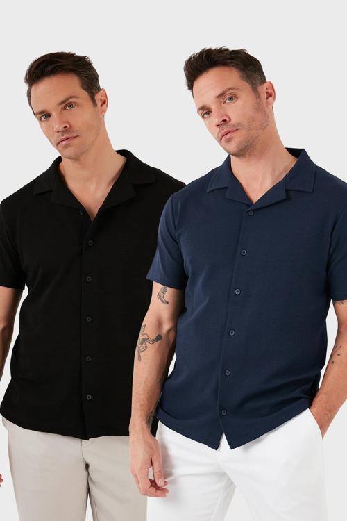 Pamuklu Regular Fit Kısa Kollu 2'li Paket Erkek Gömlek 5902640S2 SİYAH-İNDİGO