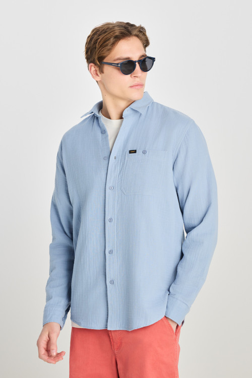 % 100 Pamuk Loose Fit Uzun Kollu Erkek Gömlek L66N205295 400 MAVİ