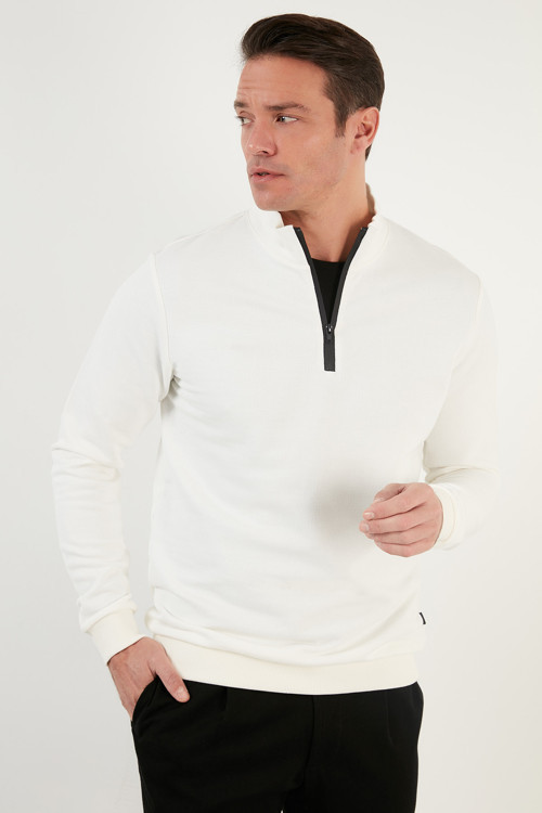Pamuklu Slim Fit Yarım Fermuarlı Dik Yaka Erkek Sweat 5905400 EKRU