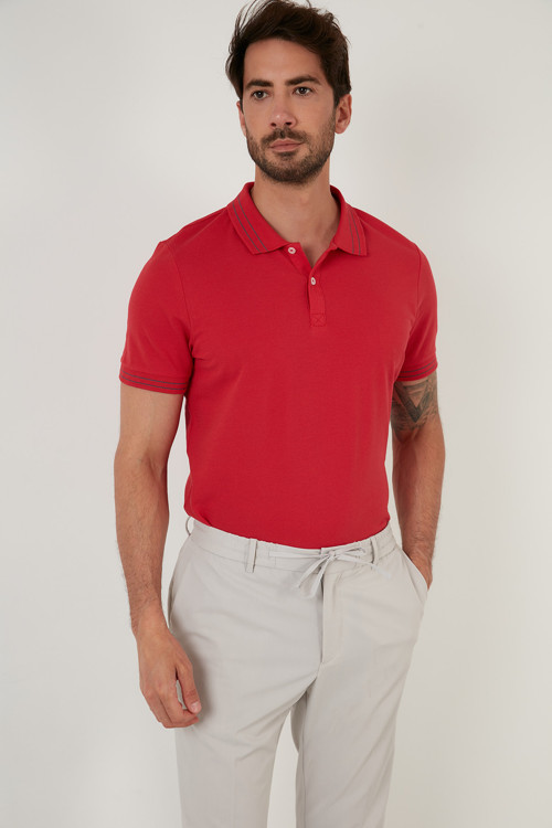 Regular Fit Düğmeli % 100 Pamuklu Erkek Polo Yaka T Shirt 5902325 KIRMIZI
