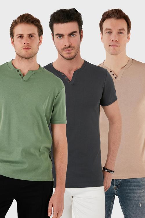 Pamuklu Düğme Detaylı Slim Fit V Yaka 3'lü Paket Erkek T Shirt 5902122S3 Antrasit-Elma Yeşili-Taş