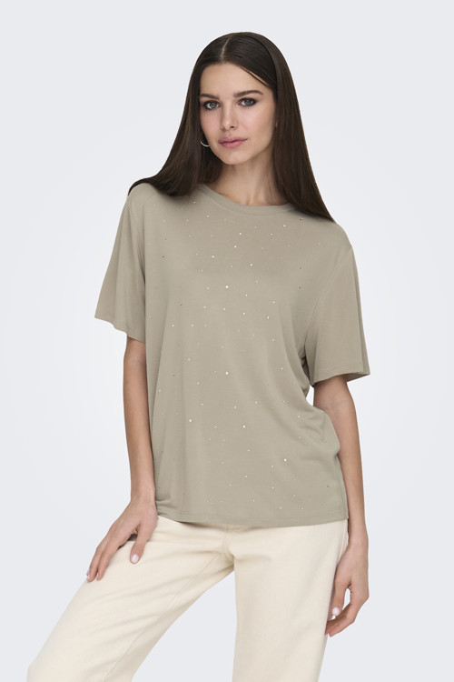 Onlfree Taşlı Regular Fit Bisiklet Yaka Bayan T Shirt 15343270 BEJ