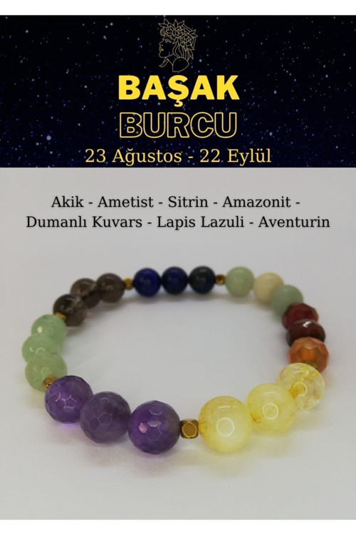 Başak Burcu Bilekliği Ametist, Akik, Aventurin, Lapis Lazuli, Dumanlı Kuvars, Sitrin, Amazonit