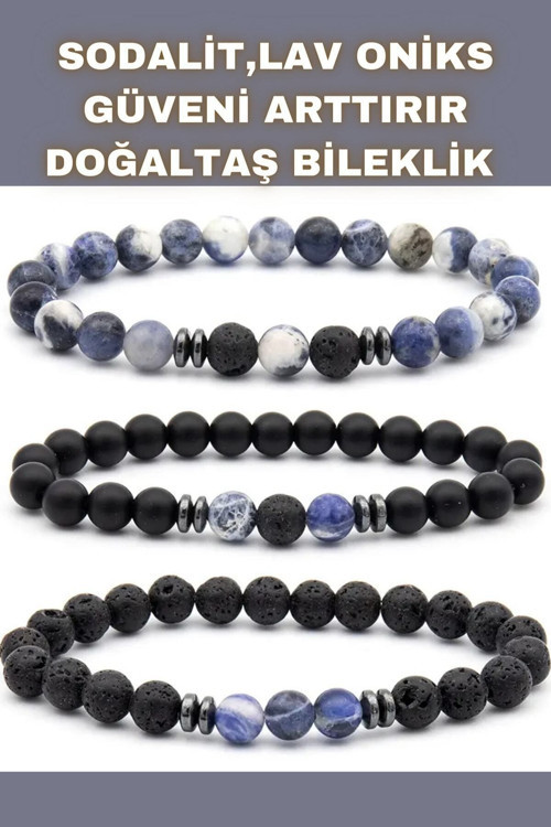 Sodalit , Oniks , Lav Doğal Taş Bileklik Seti ( Mantıksal Düşünme Ve Problem Çözme ) 6 Mm