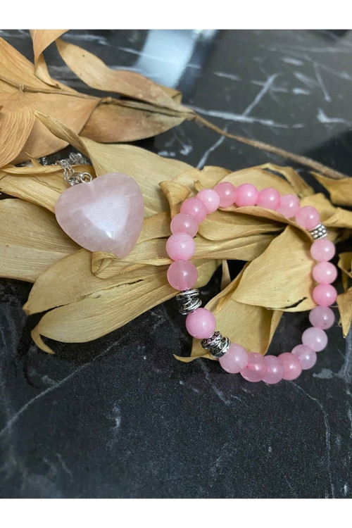 Terazi Burcu Bilekliği Ve Kolye Ucu Pembe Kuvars