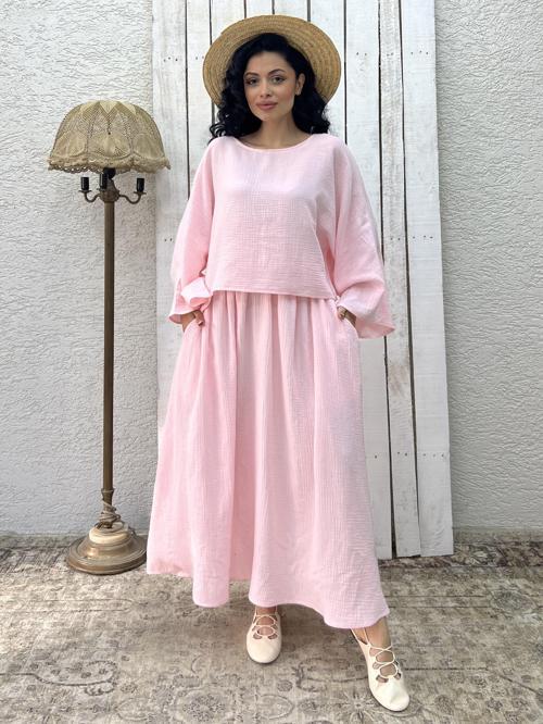 Toz Pembe Müslin Salaş Bluz Ve Kloş Etek Takımı (2'Lİ TAKIM)