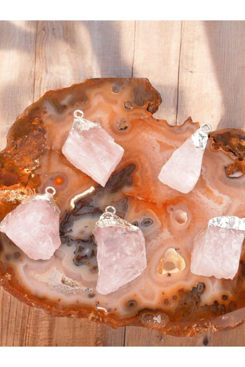 Pembe Kuvars Ham Kolye Ucu Çelik Zincirli (Sertifikalı)