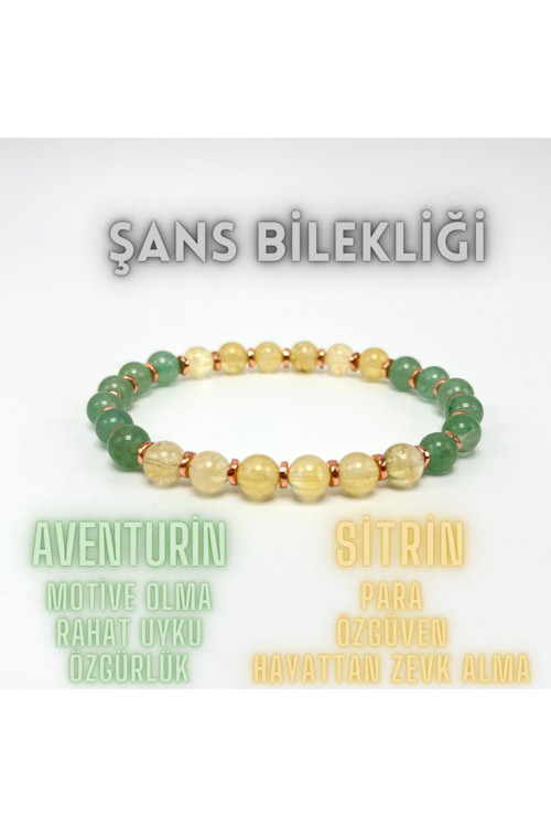 Sertifikalı Şans Bilekliği Doğal Taş 6Mm Misinalı Aventurin Sitrin
