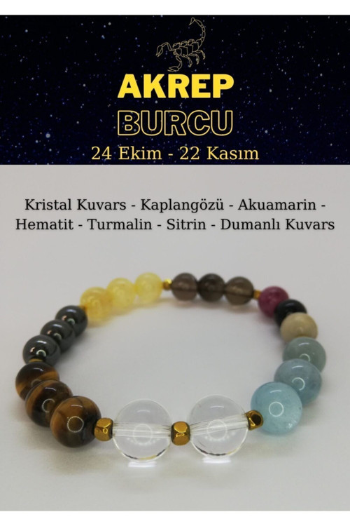 Akrep Burcu Bilekliği Kaplangözü,Kristal Kuvars, Sitrin, Akuamarin, Hematit, Dumanlı Kuvars,Turmalin