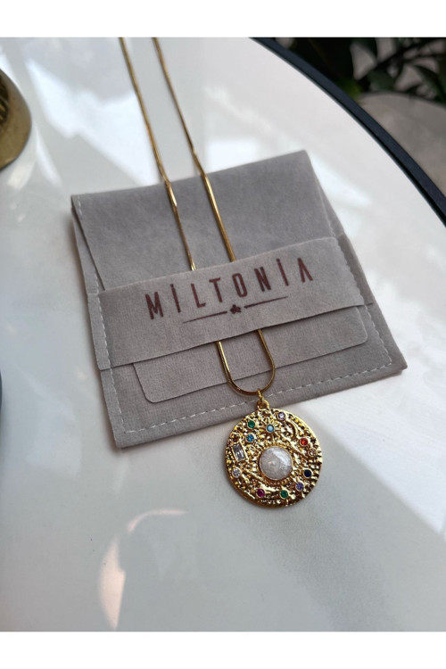 Mistik Taşlı Hilal Ay Çelik Kolye