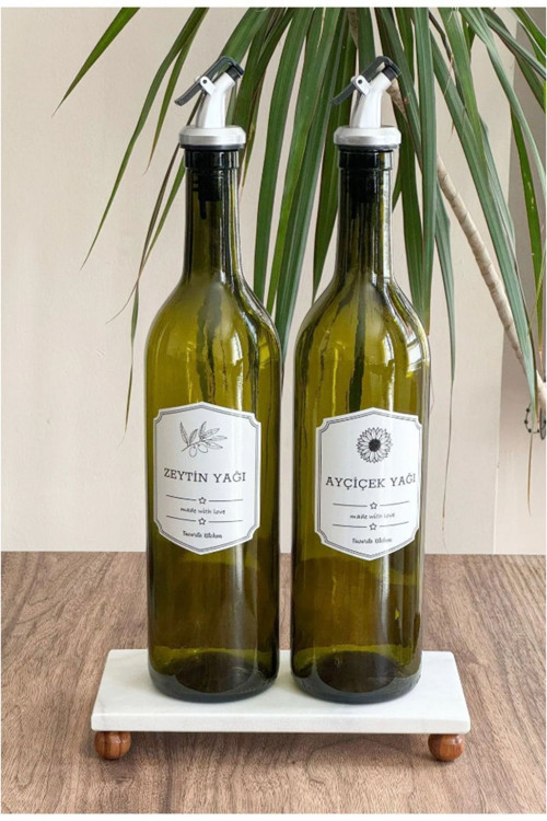2 Adet 750 Ml Amber Yağdanlık 1 Adet Ayaklı Doğal Mermer Stant