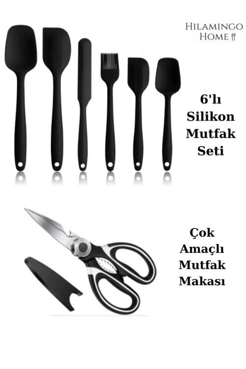 7'Li Mutfak Gereçleri Seti; 6'Lı Silikon Servis Seti+ Çok Amaçlı Ultra Keskin Mutfak Makası