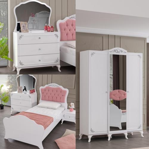 İnci Gümüş Genç Odası- 3 Kapılı Dolap, Karyola, Komodin, Şifonyer