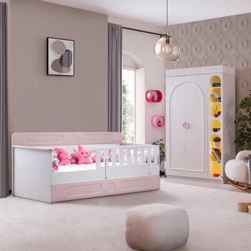 Flora Çocuk Odası Takımı, Flora Yavrulu Karyola, Dolunay 2 Kapaklı Dolap, Kitaplık - Pembe