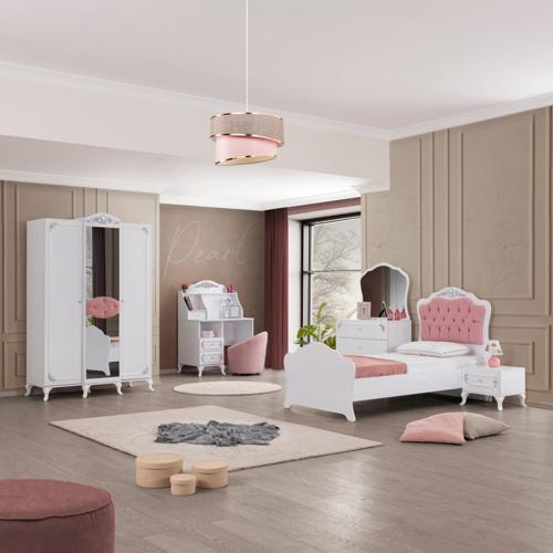 İnci Gümüş Genç Odası - 3 Kapılı Dolap, Karyola, Komodin, Masa, Şifonyer