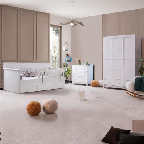 Mira Çocuk Odası Takımı, Mira Yavrulu Karyola, Berlin 3 Kapaklı Dolap, Şifonyer - Beyaz