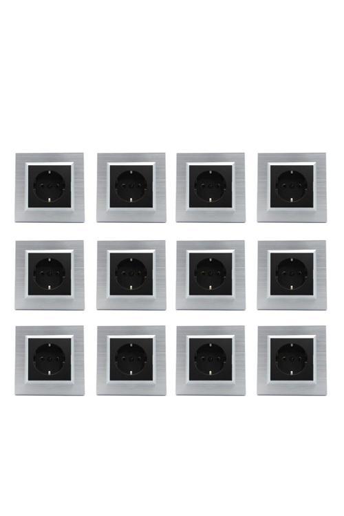 Quantum Gümüş Topraklı Priz 12'Li Paket (Çerçeve Dahil)
