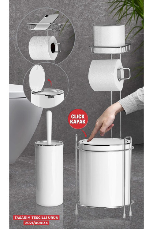 Krom Yedekli Wc Kağıtlık - Yuvarlak Beyaz Çöp Kovası Ve Wc Fırça Seti