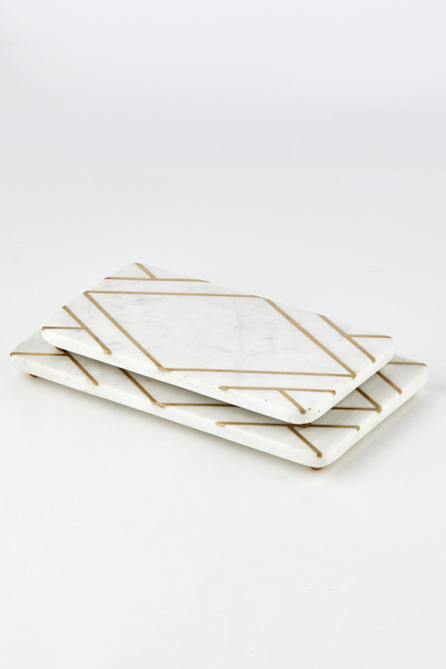 2'Li Beyaz Mermer Sunumluk Seti - Gold Detaylı, 30 Cm & 35 Cm