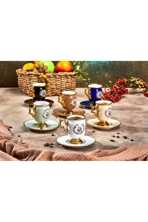 Desire Ayaklı Renkli Yldz.Kuşlu 6 Kişilik Kahve Fincan Takımı