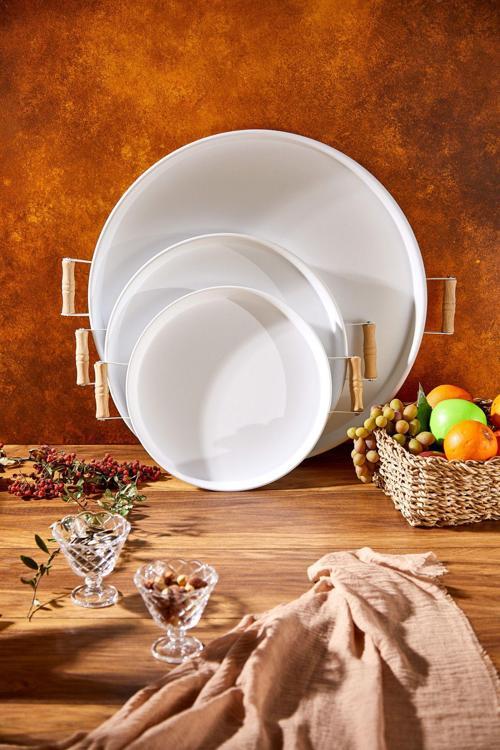 3 Lü Metal Beyaz Tepsi (51-37-30) Cm
