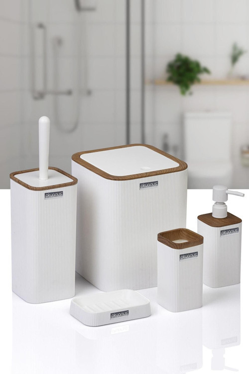 Mina Beyaz Ahşap Desenli Çizgili Kare 5'Li Banyo Seti