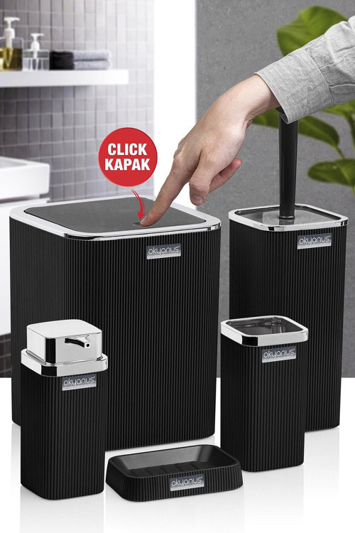 Stella Siyah Kromlu Çizgili Kare 5'Li Banyo Seti