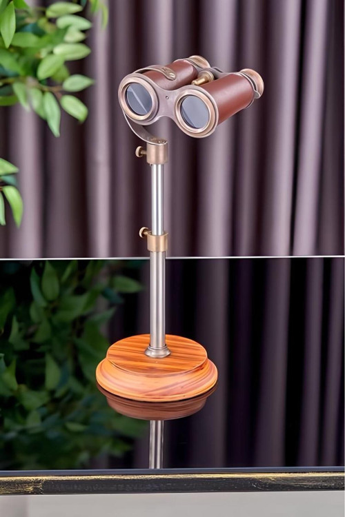 28 Cm Ahşap Taban Pirinç & Deri Gövde Gerçek Mercekli Dürbün - Hediyelik Dekor