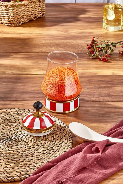 Charmes Porselen Cam Tepeli Kırmızı Beyaz Battal Kavanoz 1100 Ml
