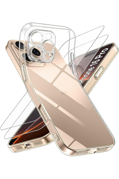 (2 Cam + 1 Kılıf) İphone 16 Pro Uyumlu 1 Şeffaf Silikon Kılıf + 2 Cam Ekran Koruyucu