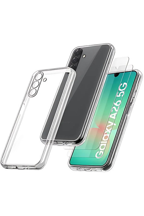 (2 Cam + 1 Kılıf) Samsung Garaxy A26 Uyumlu 1 Şeffaf Silikon Kılıf + 2 Cam Ekran Koruyucu