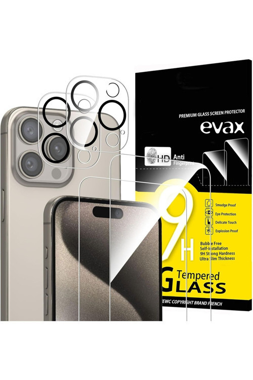 (2 Cam + 2 Lens) İphone 15 Pro Max Uyumlu 2 Adet Ekran Koruyucu Ve 2 Adet Kamera Lens Koruyucu