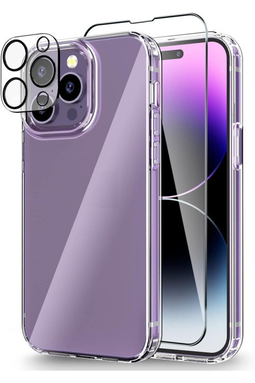 (Şef+Cam+Lens) İphone 14 Pro Uyumlu 1 Şeffaf Kılıf + 1 Ekran Koruyucu + 1 Kamera Lens Koruyucu