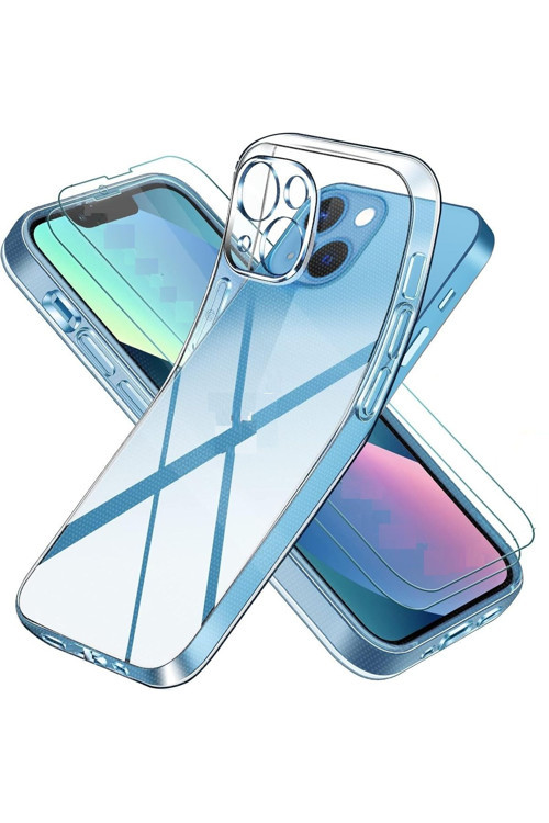 (2 Cam 1 Kılıf) Iphone 13 Uyumlu 1 Şeffaf Silikon Kılıf 2 Cam Ekran Koruyucu