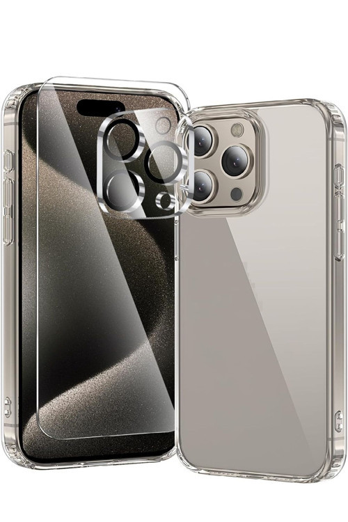 (Şef+Cam+Lens) İphone 15 Pro Uyumlu 1 Şeffaf Kılıf + 1 Ekran Koruyucu + 1 Kamera Lens Koruyucu