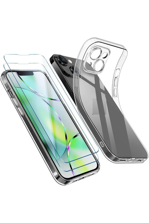 (2 Cam 1 Kılıf) Iphone 14 Uyumlu 1 Şeffaf Silikon Kılıf 2 Cam Ekran Koruyucu